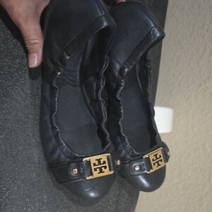 Tory Burch Black Leather Flats with Gold Emblem